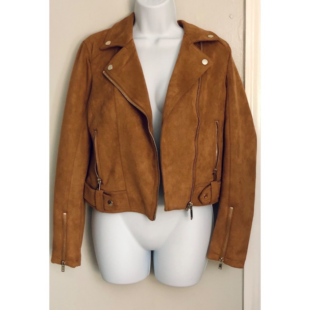 Tan Faux Suede Biker Jacket